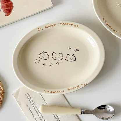 Cream Line Cat Bear Bunny Doodle Ceramic Plate