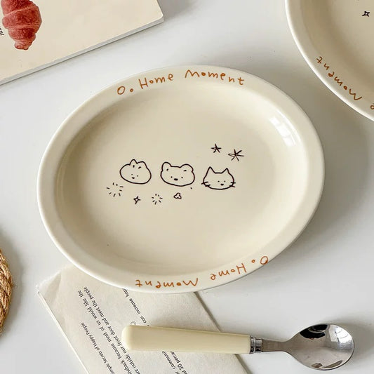 Cream Line Cat Bear Bunny Doodle Ceramic Plate