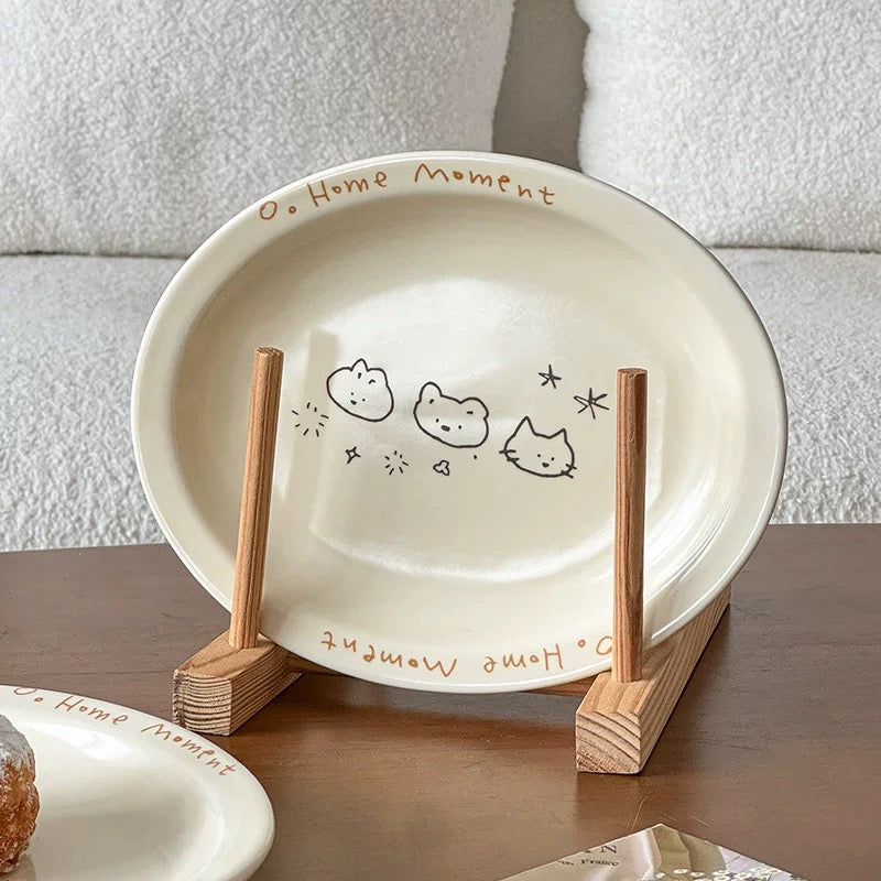 Cream Line Cat Bear Bunny Doodle Ceramic Plate