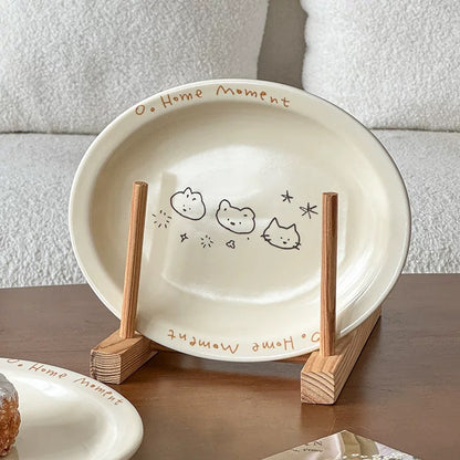 Cream Line Cat Bear Bunny Doodle Ceramic Plate