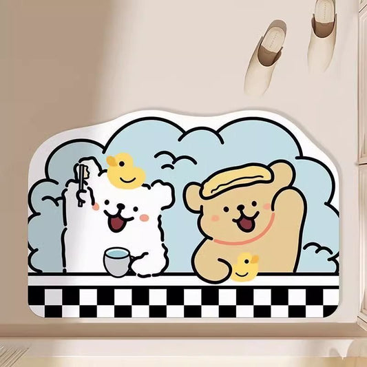 Line-Art Puppy Brushing Teeth Diatomaceous Earth Floor Mat
