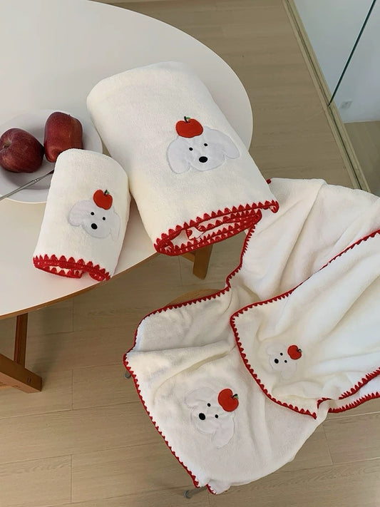 Apple Puppy Coral Fleece Bath Towel 3-Piece Set