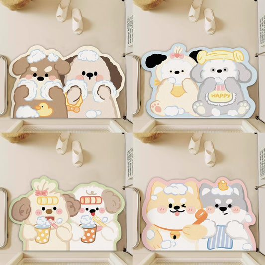 Cute Puppy Washing Face Diatomaceous Earth Floor Mat