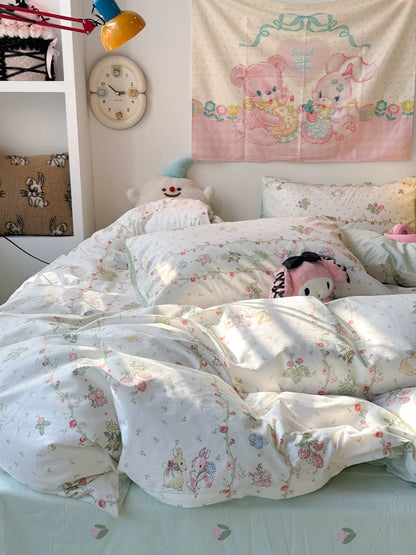 Strawberry Bunny Garden Pure Cotton Bedding Set (4 Pieces)