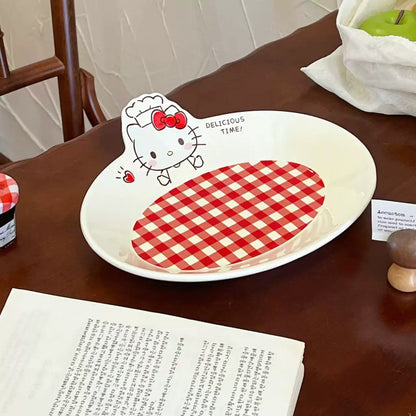 Hello Kitty Chef Hat Red Check Oval Plate