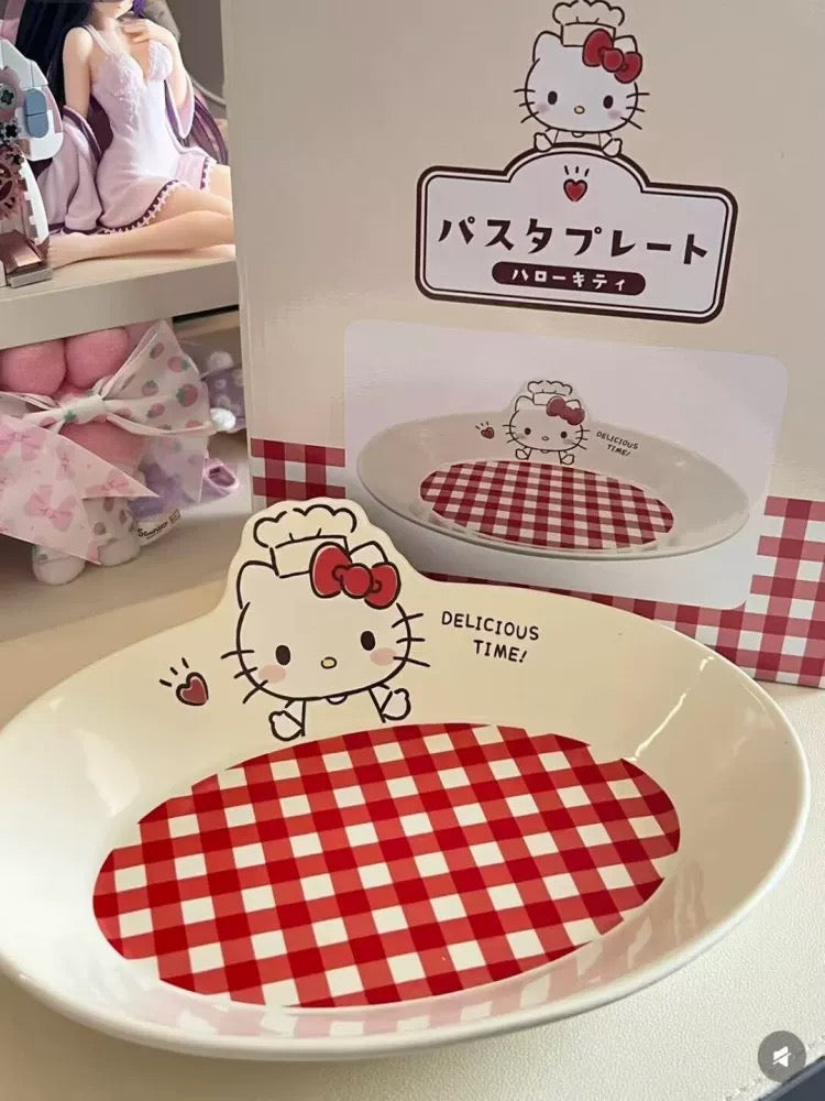 Hello Kitty Chef Hat Red Check Oval Plate