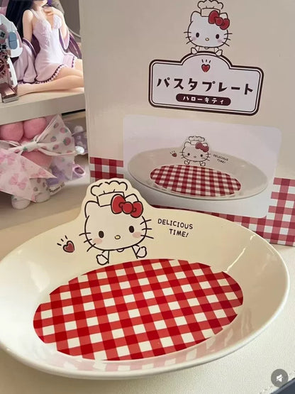 Hello Kitty Chef Hat Red Check Oval Plate
