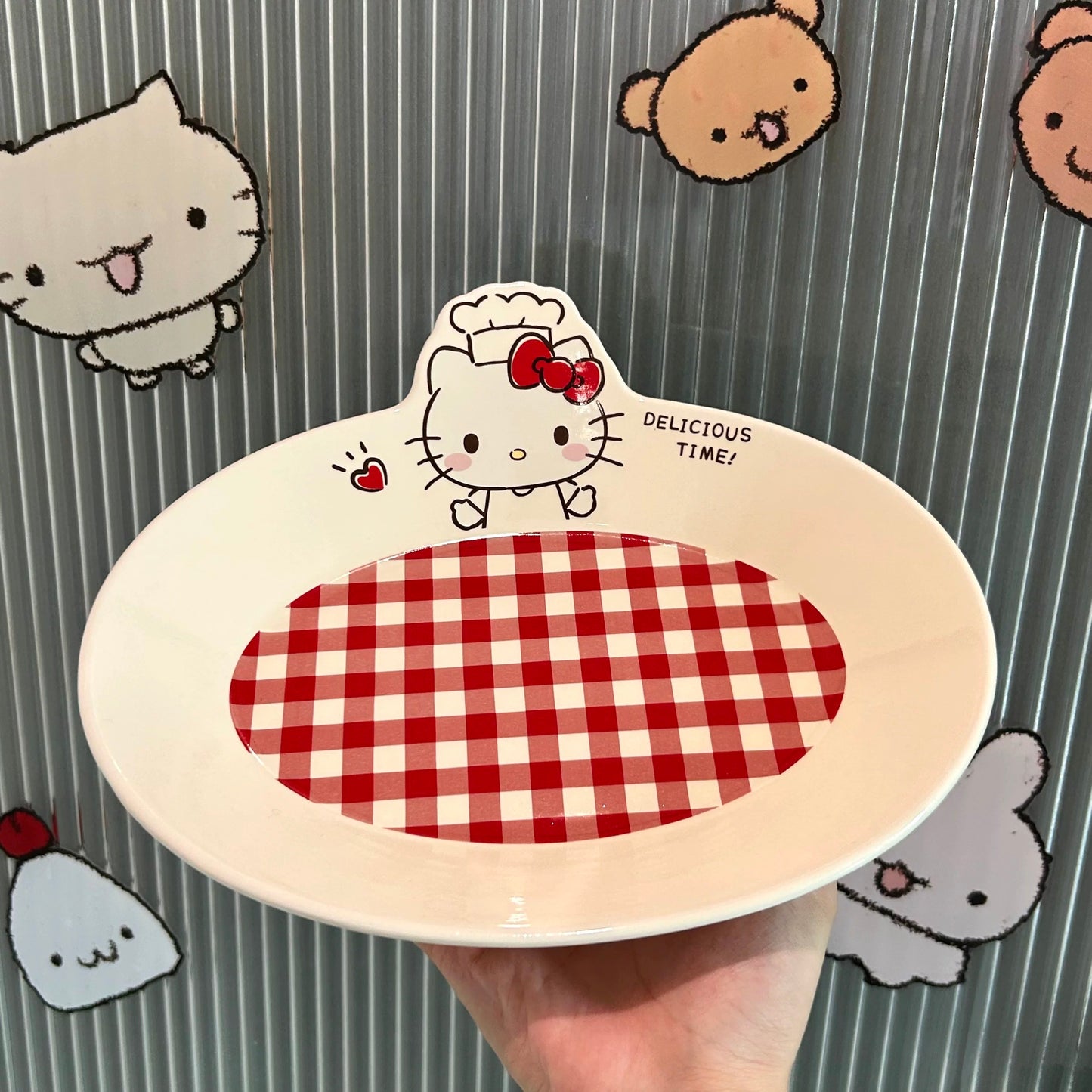 Hello Kitty Chef Hat Red Check Oval Plate