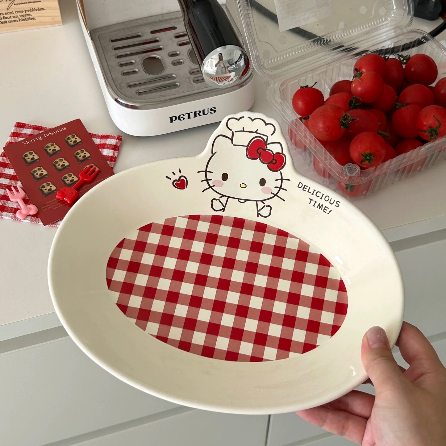 Hello Kitty Chef Hat Red Check Oval Plate