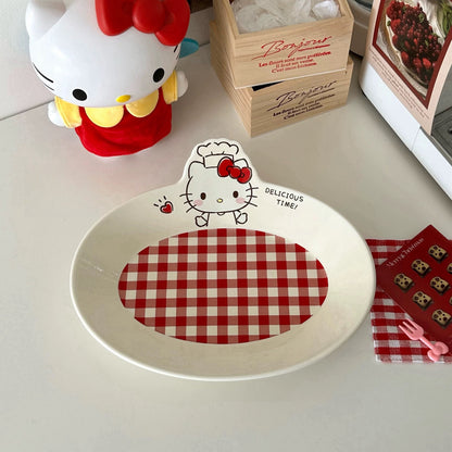 Hello Kitty Chef Hat Red Check Oval Plate