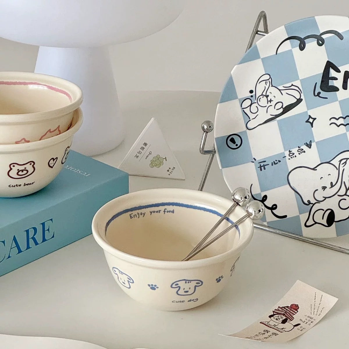 Cat, Dog & Bear Line Art Ceramic Bowl Series