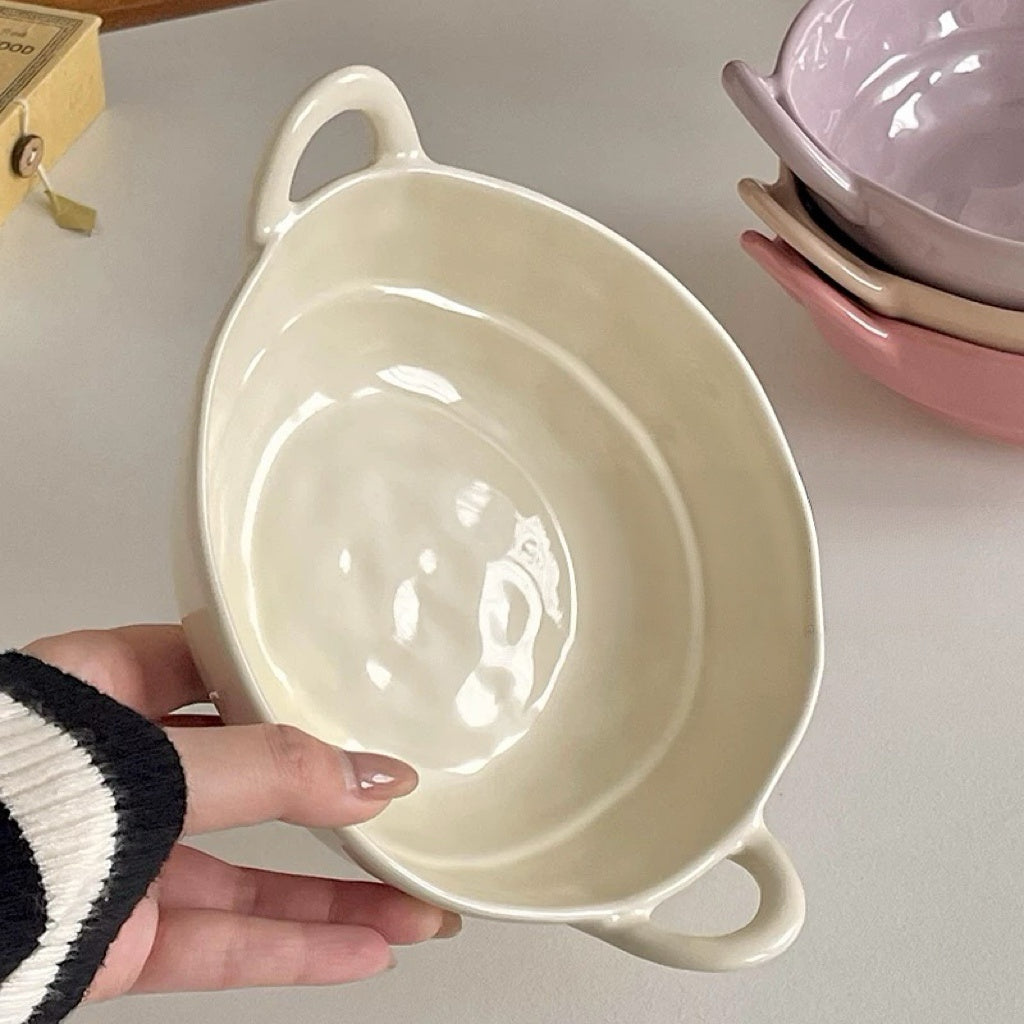 Glossy Ivory Dual-Handle Ceramic Bowl
