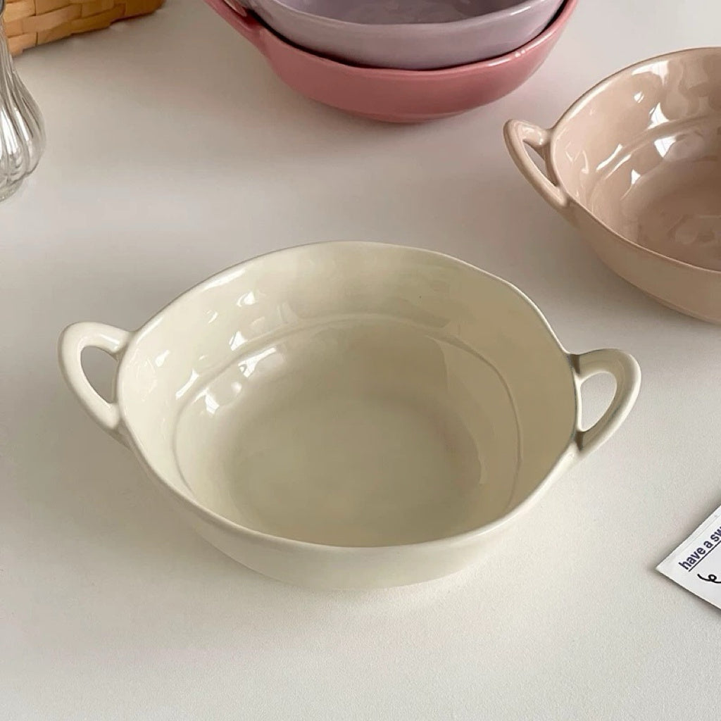 Glossy Ivory Dual-Handle Ceramic Bowl