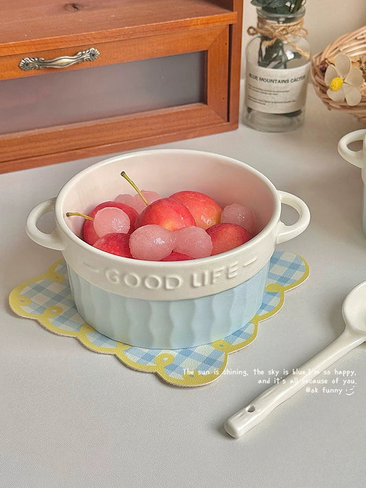 French Double-Handle Ceramic Bowl