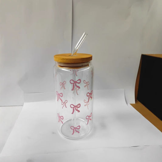 Pink Bow Glass Cup with Straw