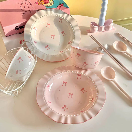 Bowknot Ruffled Ceramic 8-Piece Tableware Set