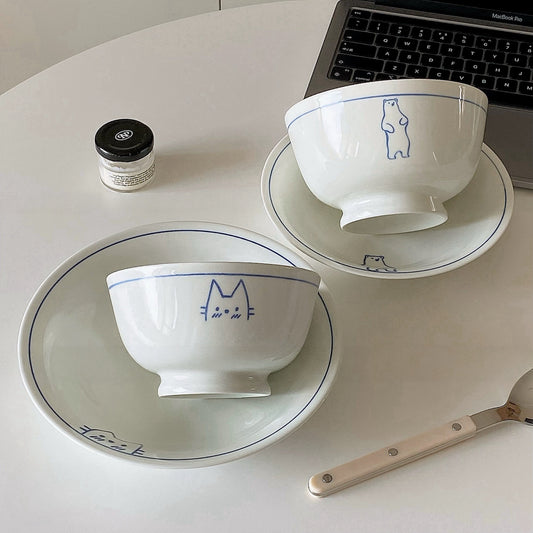 Blue Line Cat & Polar Bear Sketch Ceramic Tableware Series