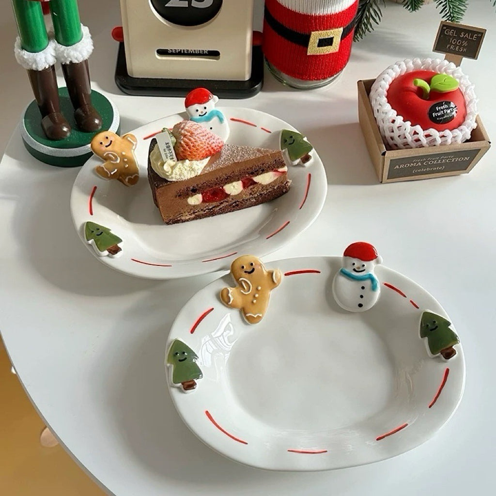 Cartoon Embossed Hand-painted Gingerbread & Snowman Ceramic Plate