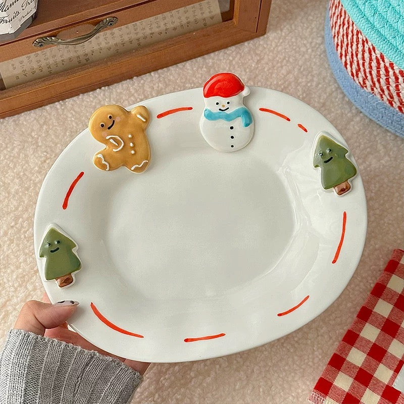 Cartoon Embossed Hand-painted Gingerbread & Snowman Ceramic Plate