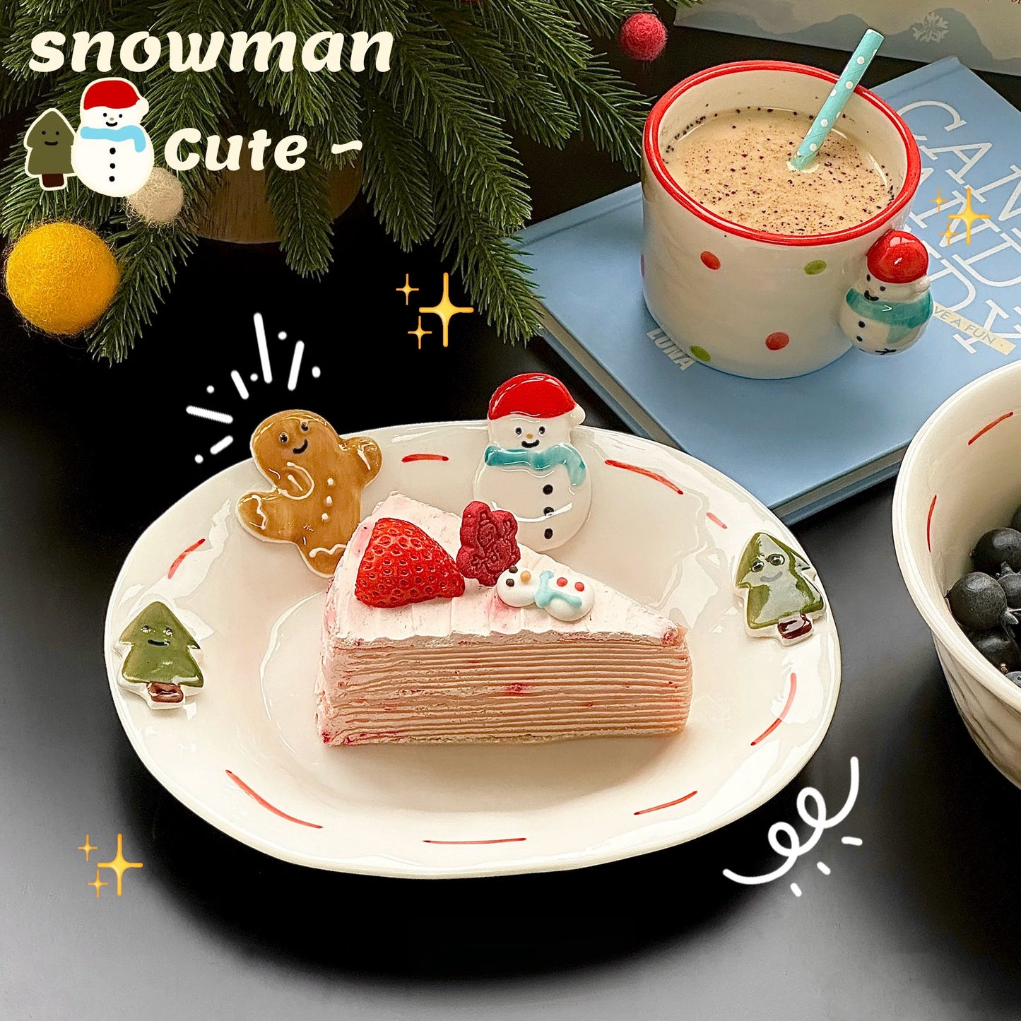 Cartoon Embossed Hand-painted Gingerbread & Snowman Ceramic Plate