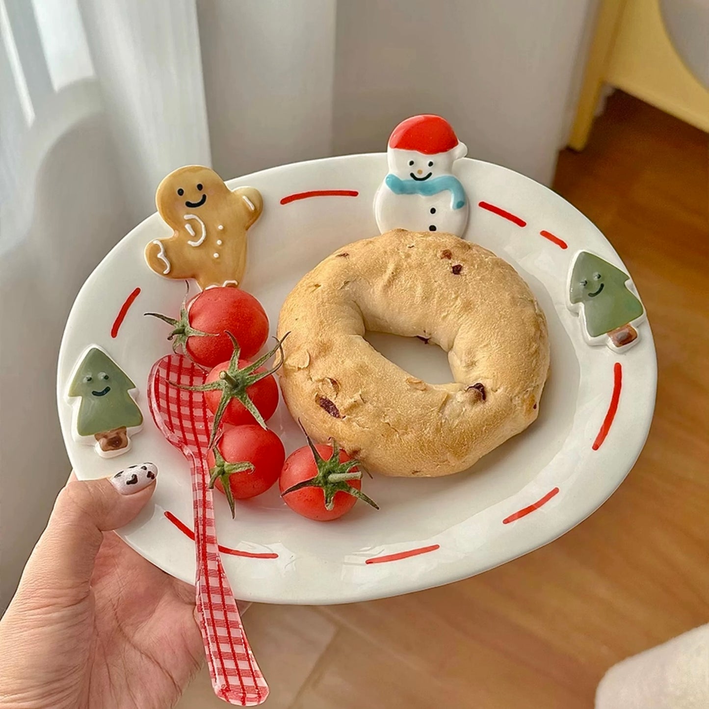 Cartoon Embossed Hand-painted Gingerbread & Snowman Ceramic Plate