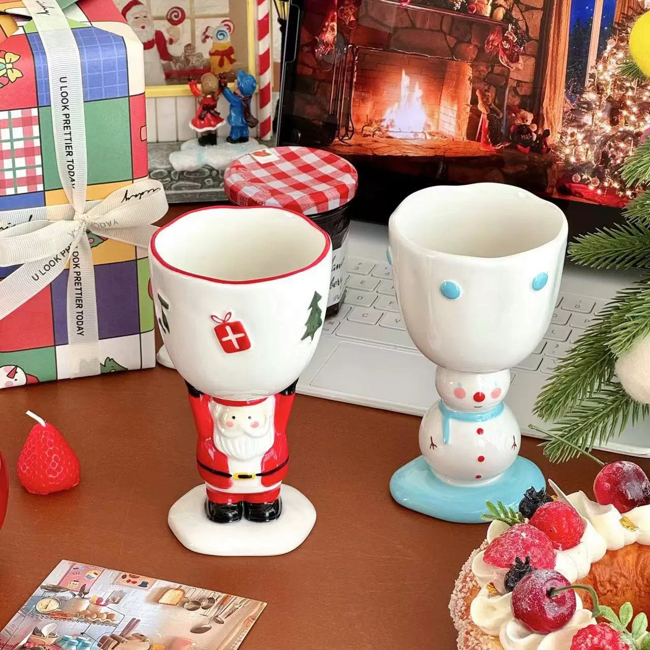 Snowman & Santa Claus Goblet with Gift Bag
