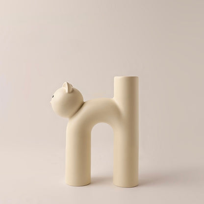 Matte Beige Tube-Shaped Cat Vase