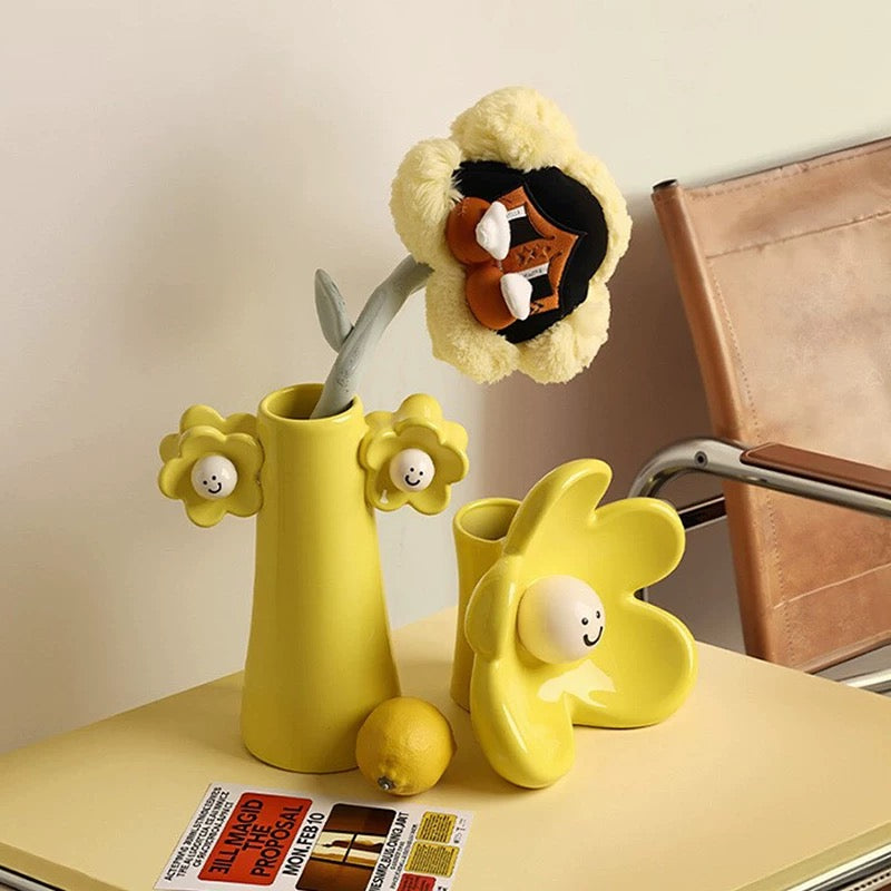 Smiling Flower Glossy Yellow Vase