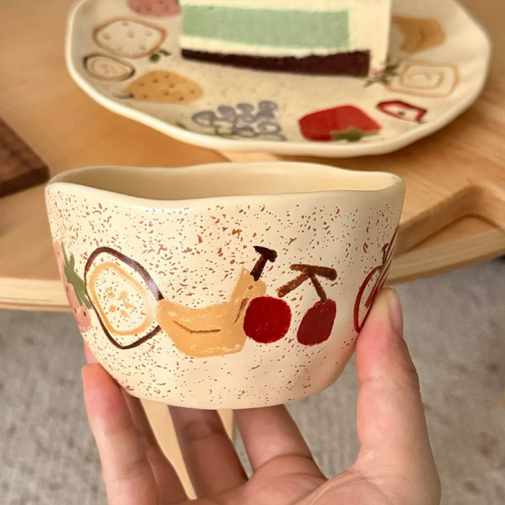 Hand-painted Fruit Doodle Ceramic Bowl & Plate Set