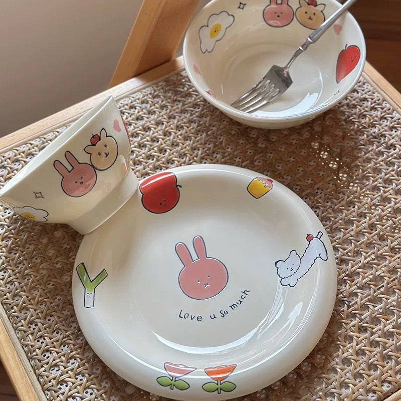 Hand-Painted Apple & Bunny Underglaze Ceramic Series