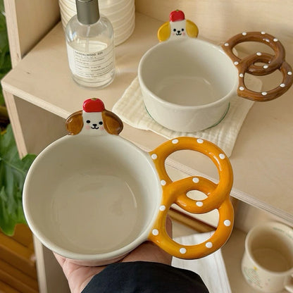 Dog & Pretzel Handle Ceramic Bowl
