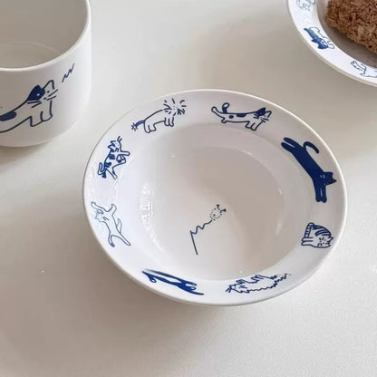 Cartoon Blue Line Cat & Dog Ceramic Bowl