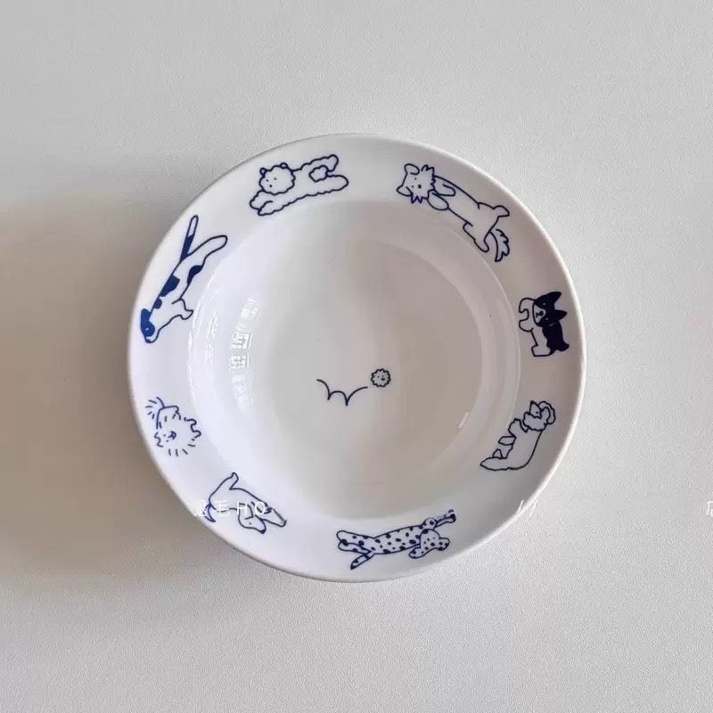 Cartoon Blue Line Cat & Dog Ceramic Bowl