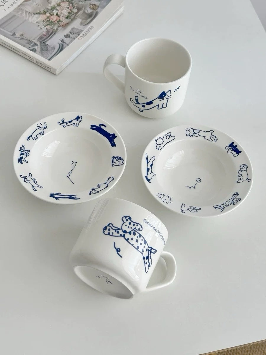 Cartoon Blue Line Cat & Dog Ceramic Bowl