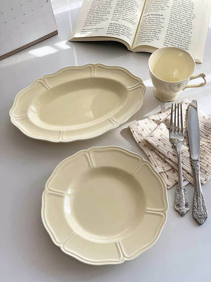 French Vintage Cream Yellow Scalloped Ceramic Plate