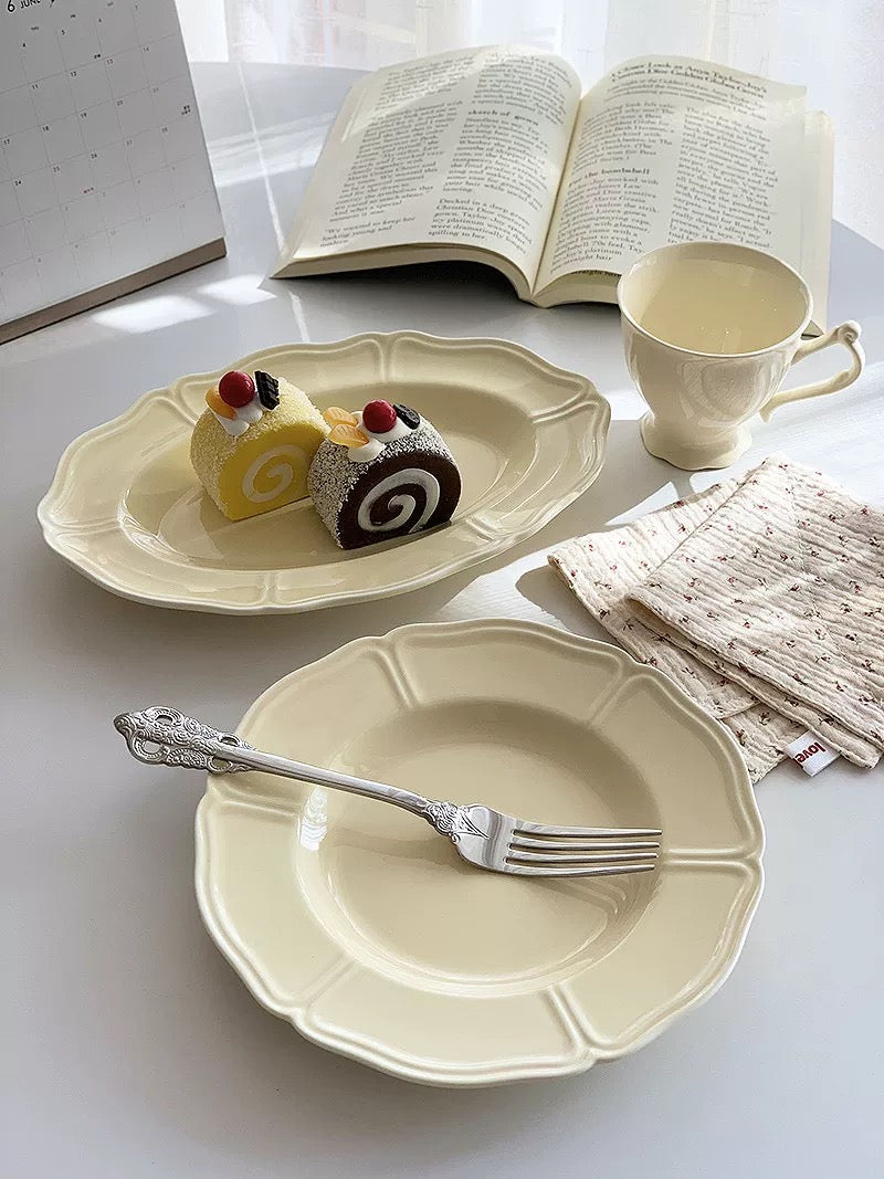 French Vintage Cream Yellow Scalloped Ceramic Plate