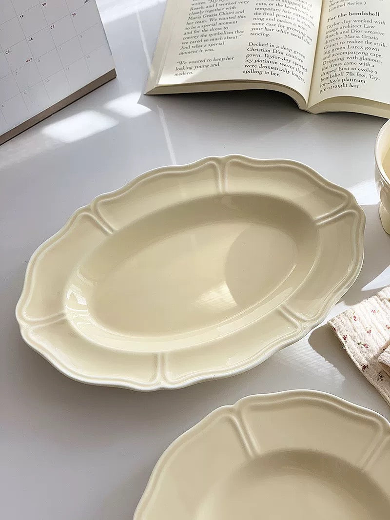 French Vintage Cream Yellow Scalloped Ceramic Plate