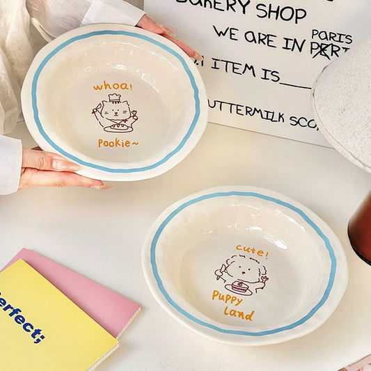 Hand-Drawn Cat & Dog Blue Line Ceramic Plate