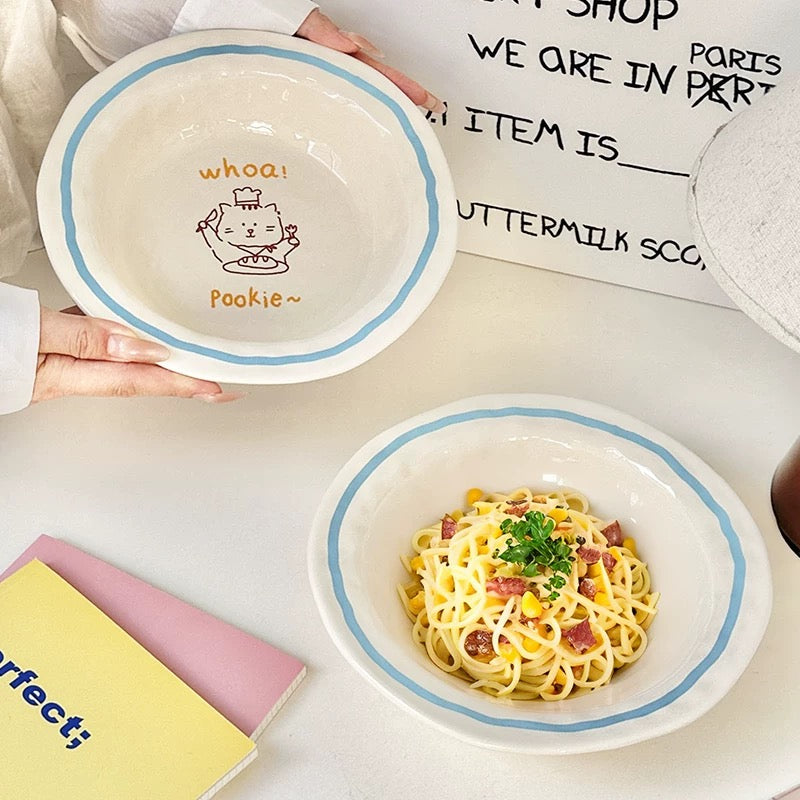 Hand-Drawn Cat & Dog Blue Line Ceramic Plate