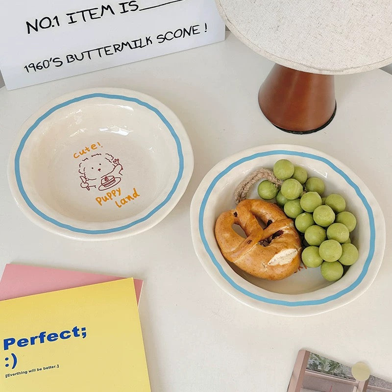 Hand-Drawn Cat & Dog Blue Line Ceramic Plate