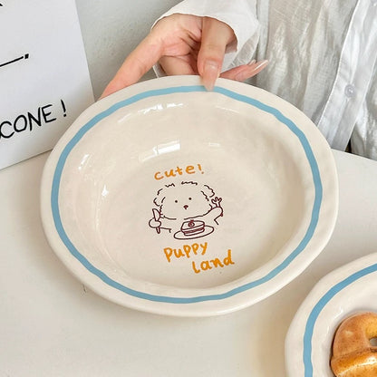 Hand-Drawn Cat & Dog Blue Line Ceramic Plate