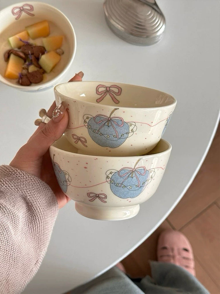 Blue Apple & Bow Ceramic Bowl