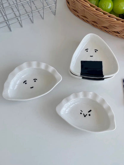 Cute Expression Dumpling/Rice Ball Shaped Ceramic Sauce Dish (Set of 2)