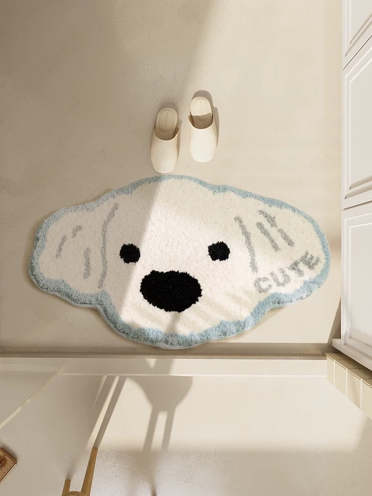 Cute Blue-Trim White Dog Tufted Floor Mat