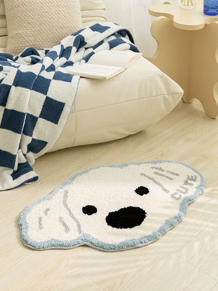 Cute Blue-Trim White Dog Tufted Floor Mat