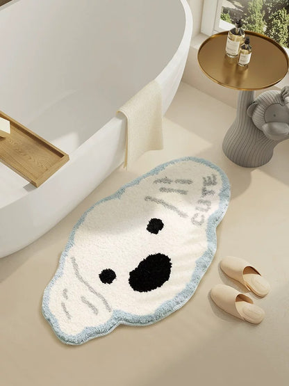 Cute Blue-Trim White Dog Tufted Floor Mat