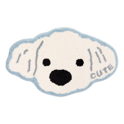 Cute Blue-Trim White Dog Tufted Floor Mat