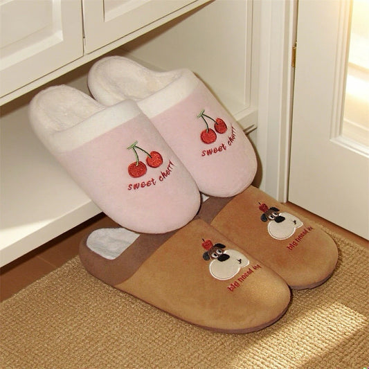 Sweet Cherry & Puppy Couple Plush Slippers