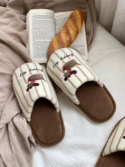 Brown Striped Puppy Couple Plush Slippers