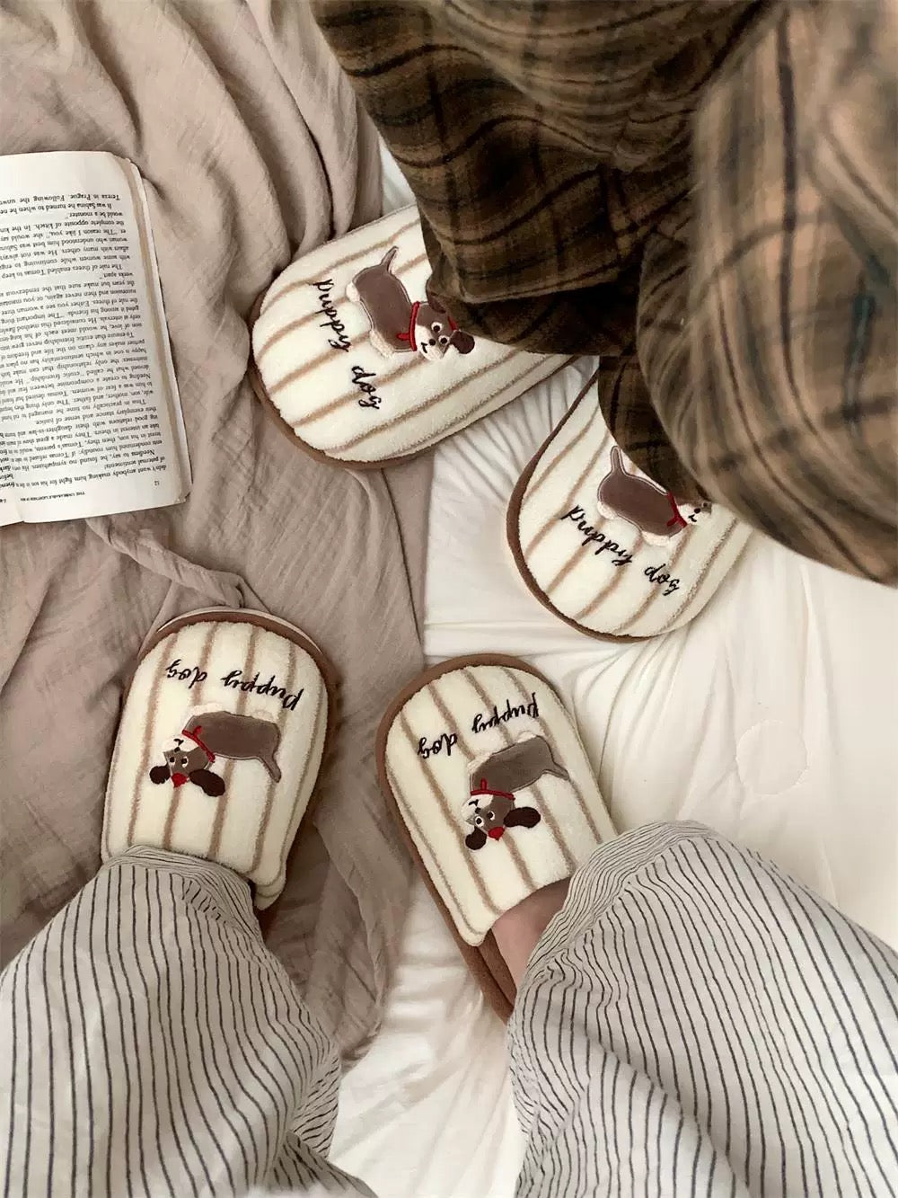 Brown Striped Puppy Couple Plush Slippers